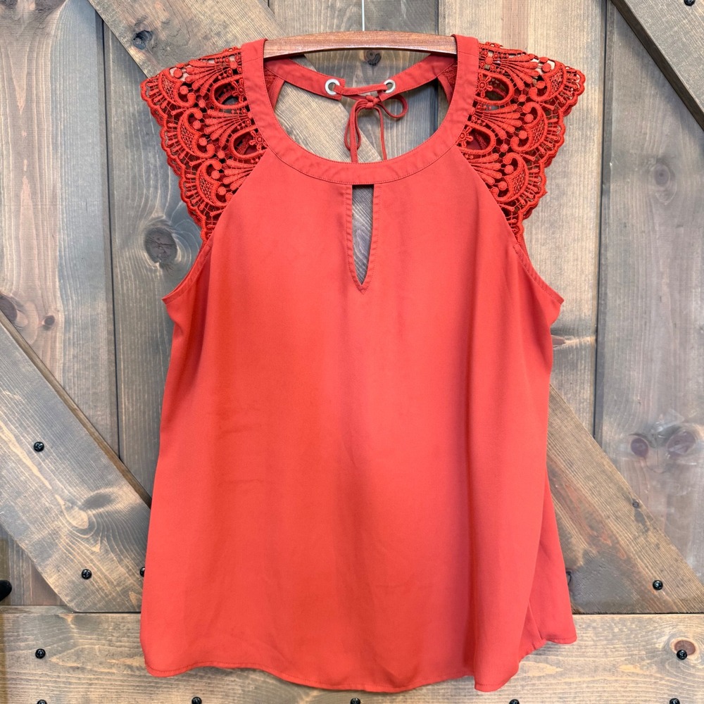 Express Sleeveless Blouse Women M Orange Good Lace Crochet Keyhole Tie Back